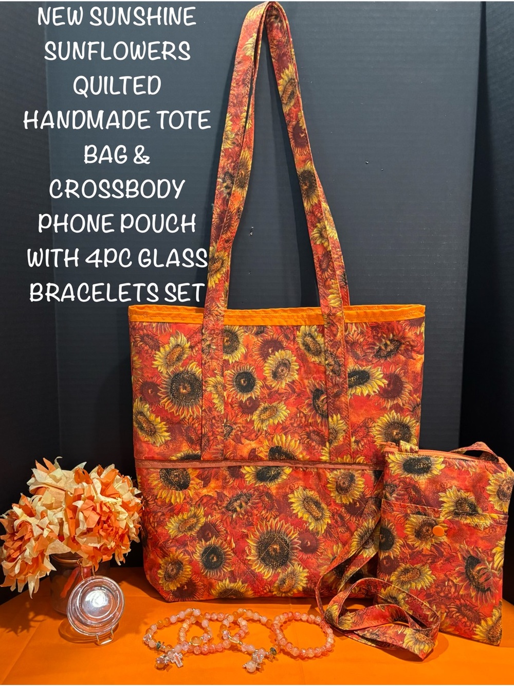 Quilted Handmade Sunshine Sunflower Tote and Crossbody Set W/ 4pc Bracelet Set